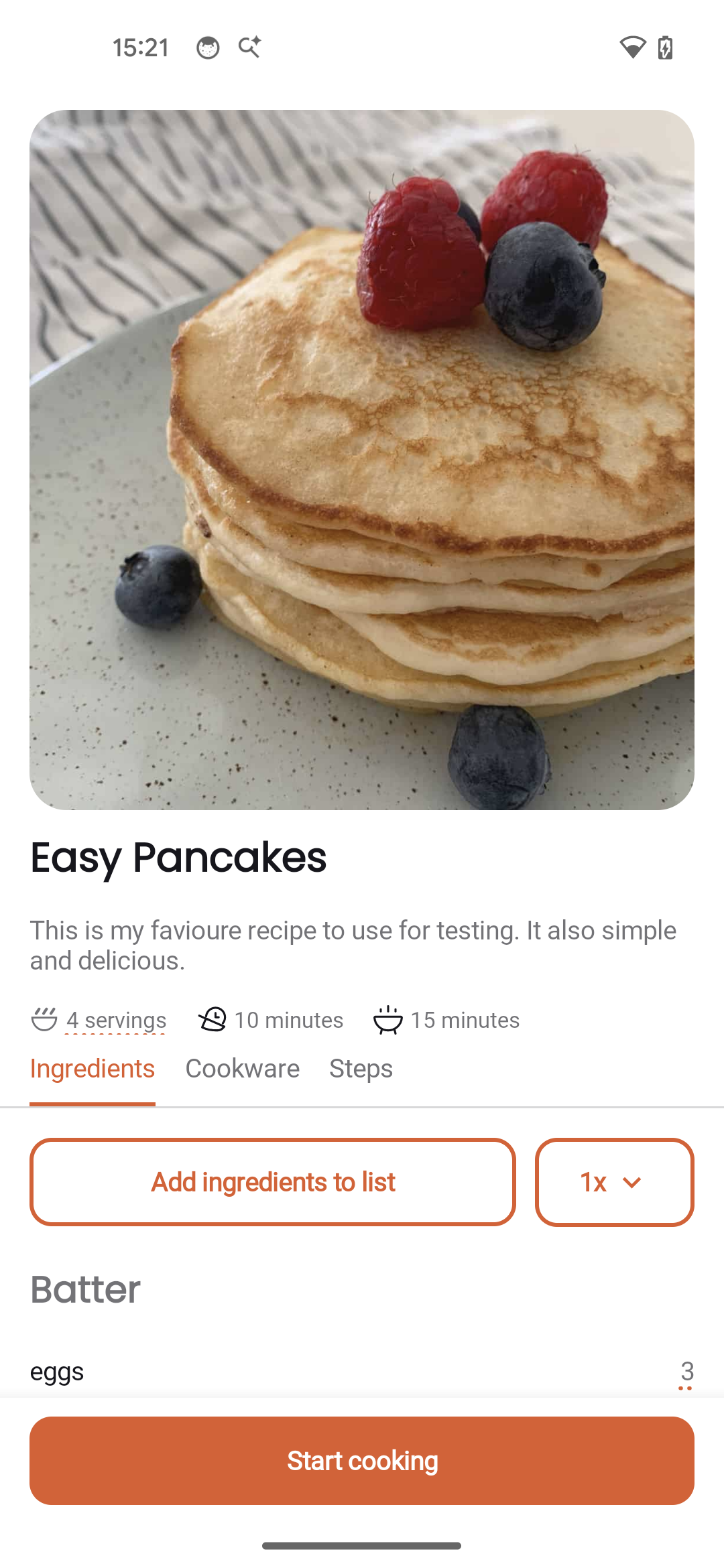 Recipe detail showing ingredients, cookware, and steps tabs