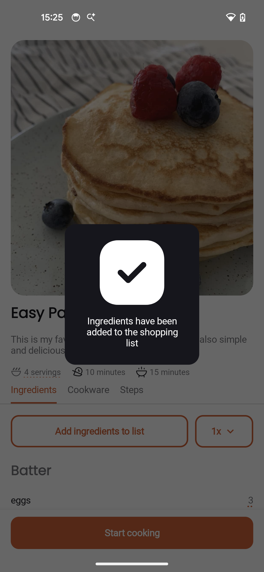 Ingredients added confirmation
