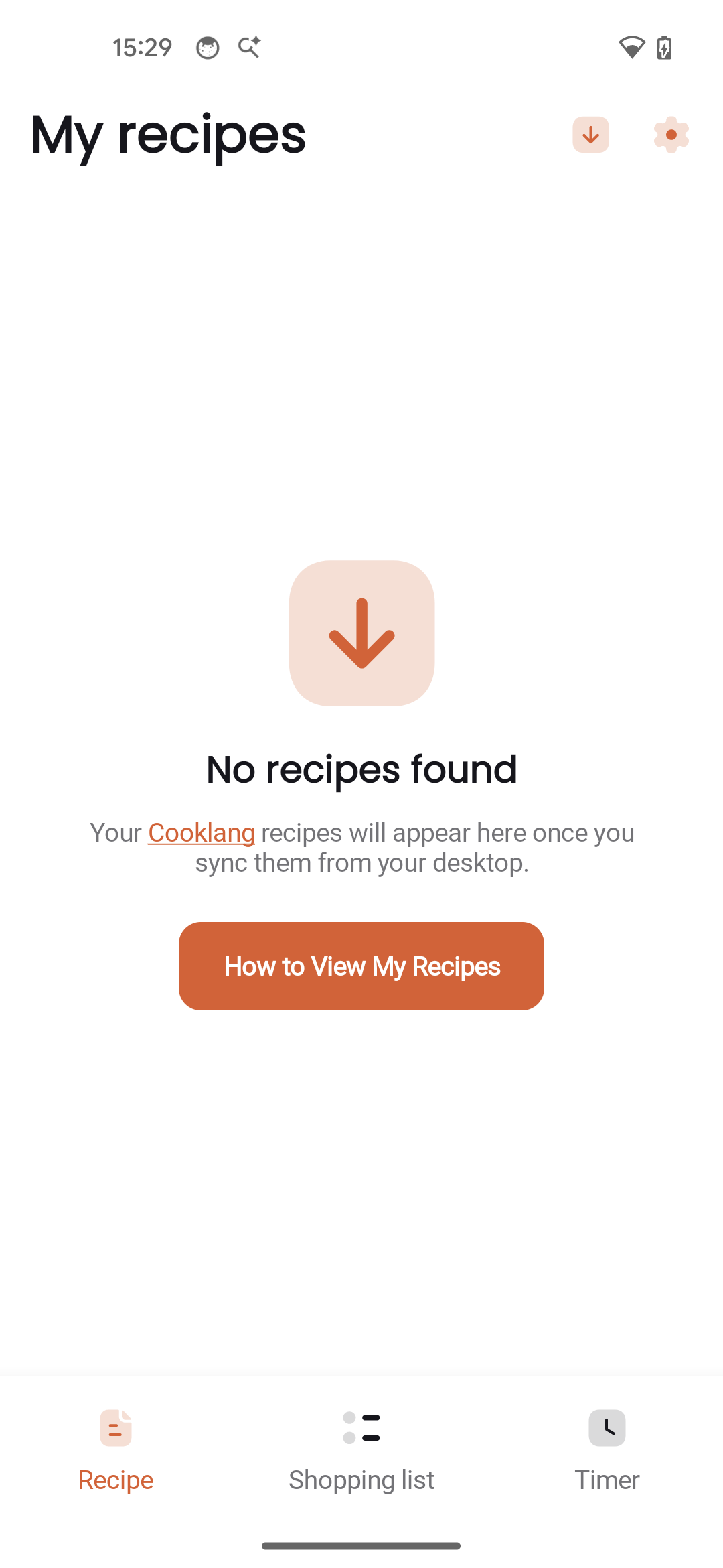 Empty state before recipes are synced
