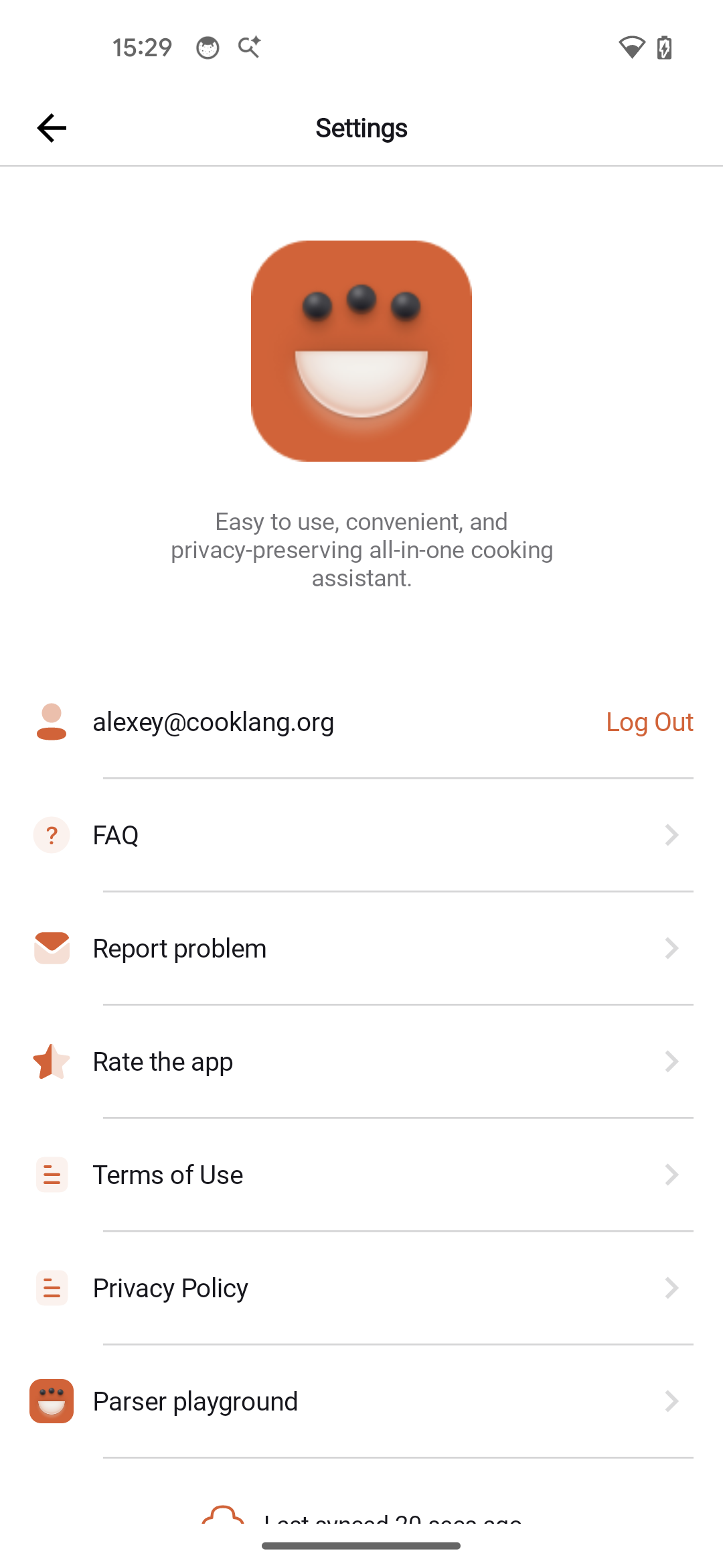 Settings screen showing sync status