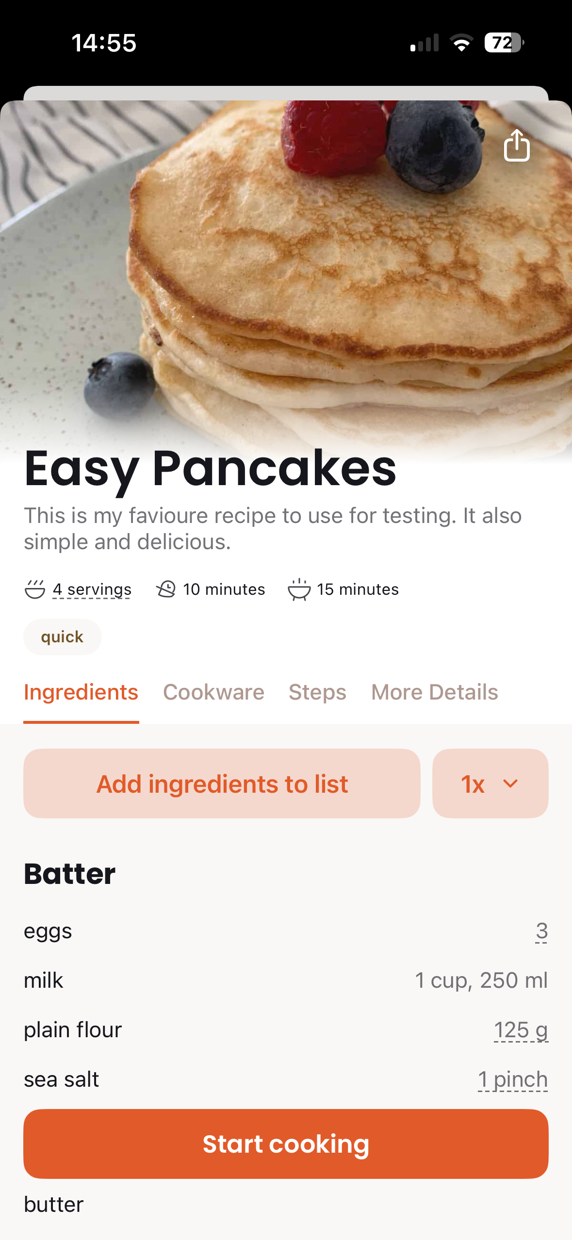 iOS app showing recipe ingredients view