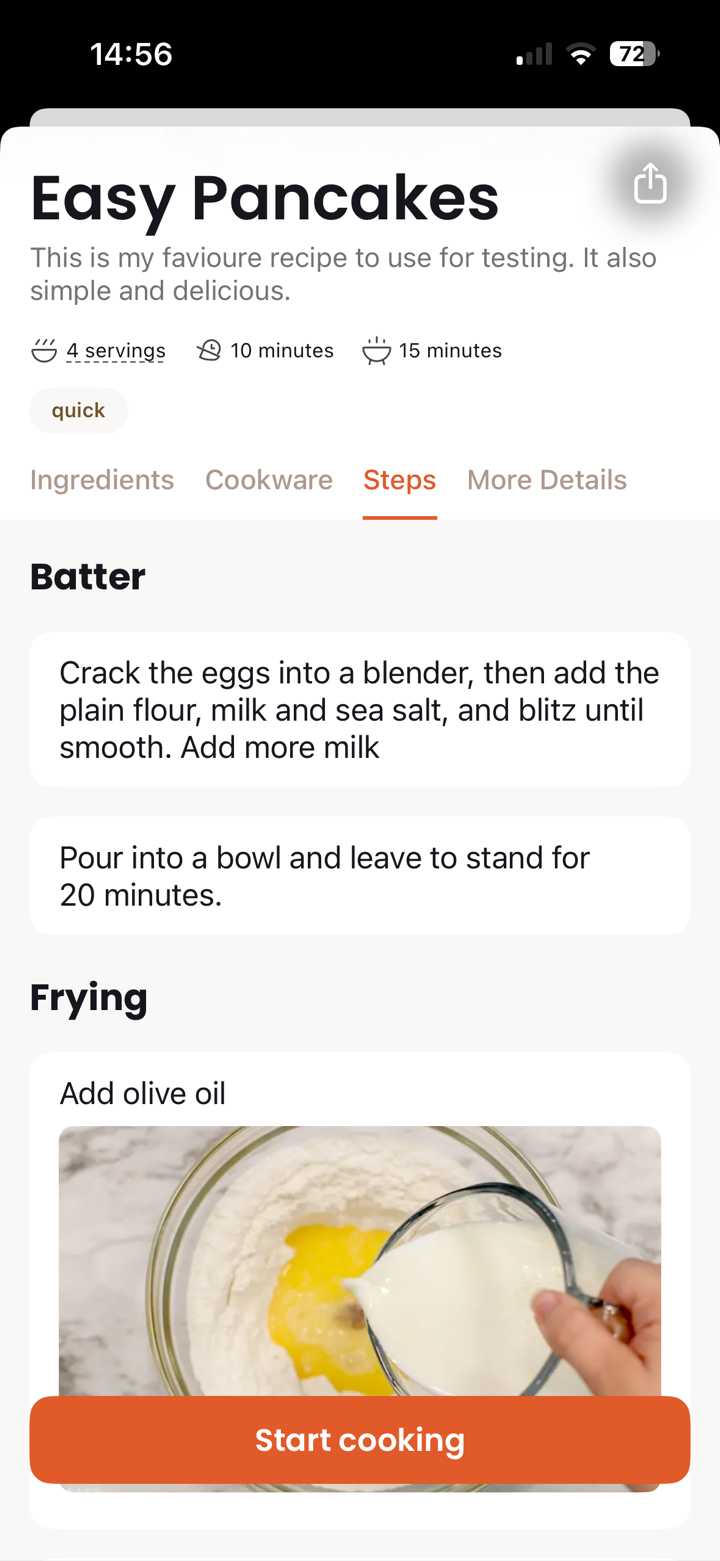 iOS app step-by-step cooking mode with large text