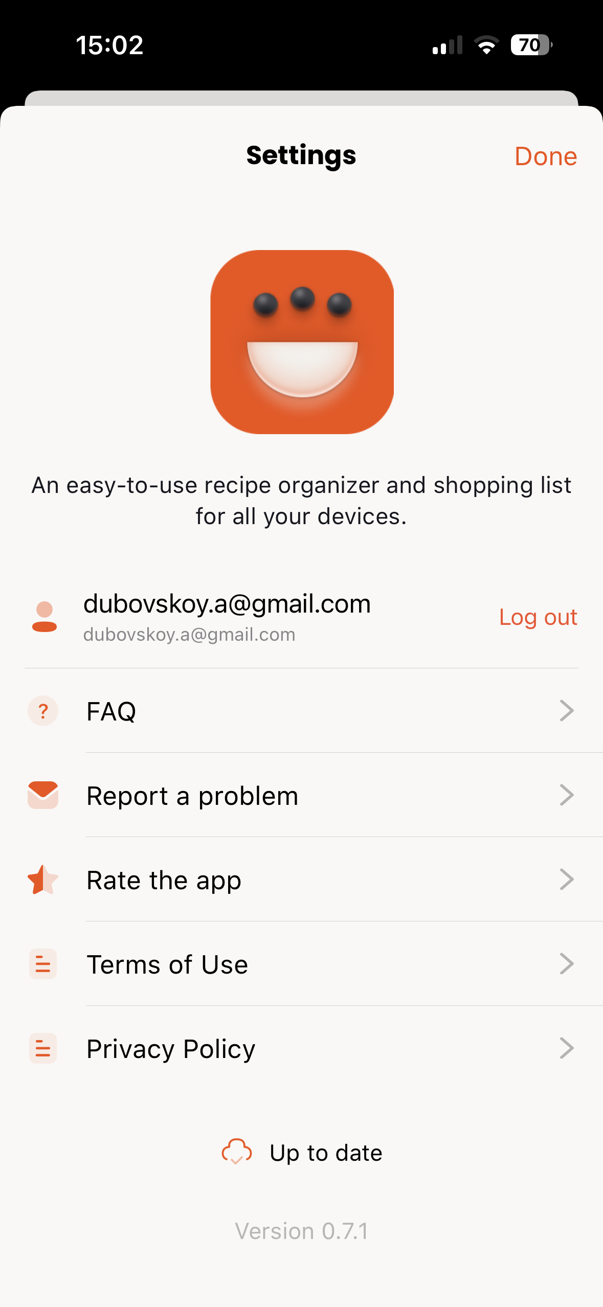 Settings screen showing sync status