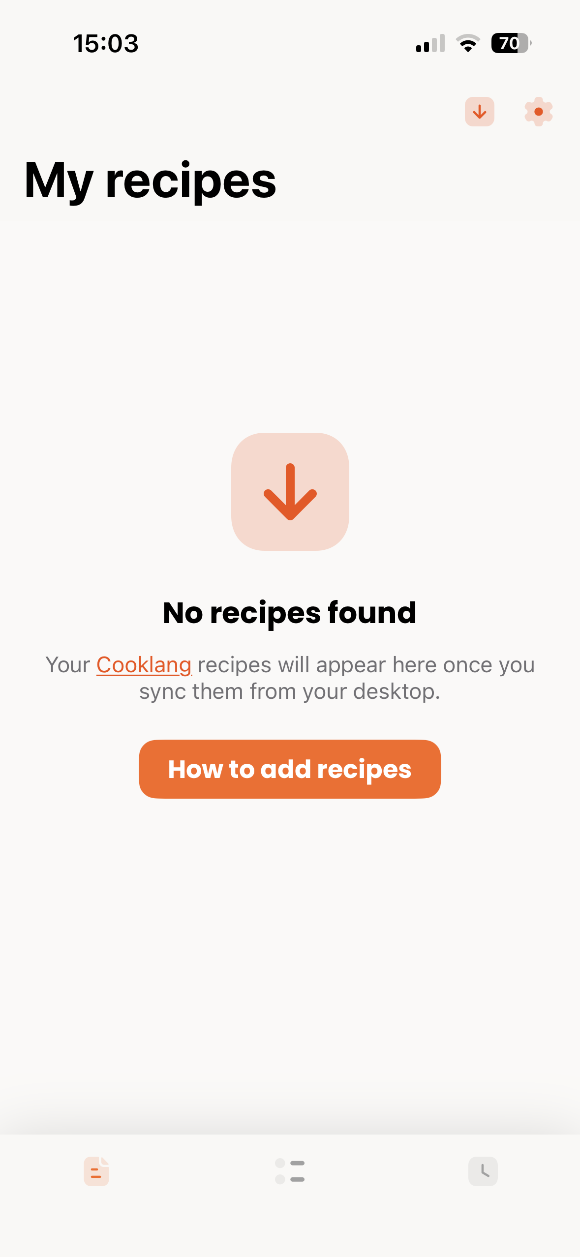 Empty state before recipes are synced