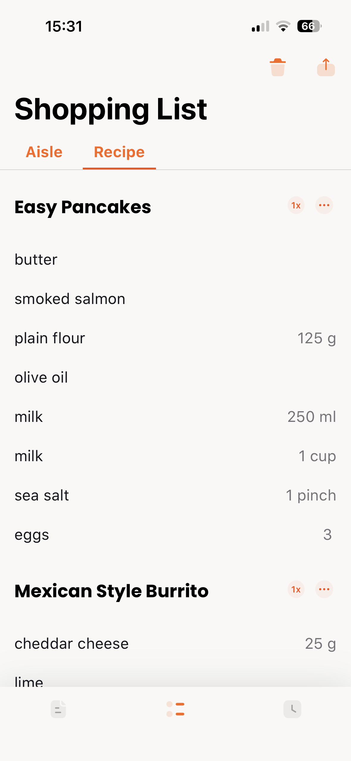 Shopping list organized by recipe