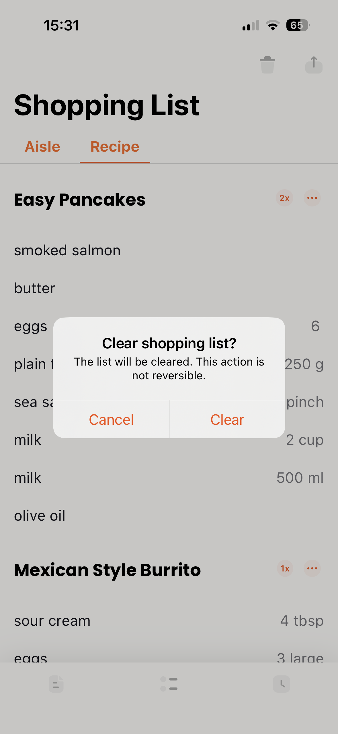 Clear shopping list confirmation